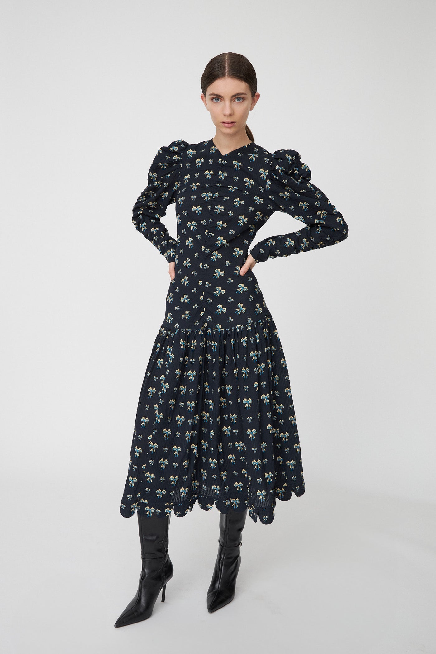 Midi Dress with Bow Print Blue